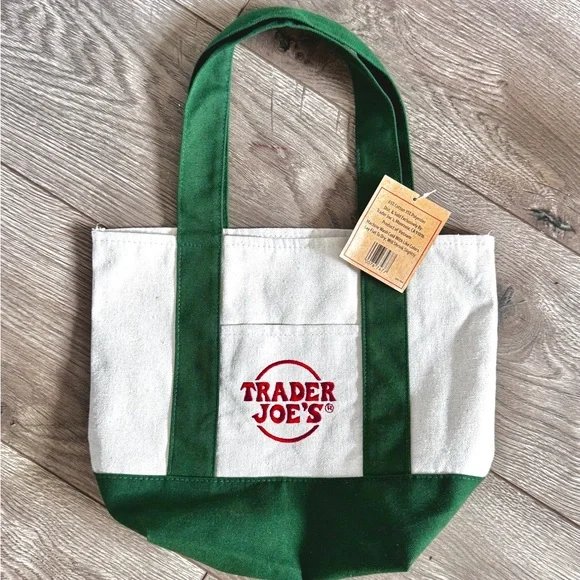 NWT Trader Joe’s Mini Canvas Tote Bag Brand New Dark Green w Red Logo - Picture 2 of 8
